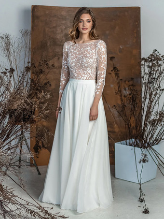 ツーピースウェディングドレス シフォン レース ジュエルネック ツーピース フロアレングス ジッパー ロングスリーブ フロアレングス アイボリー