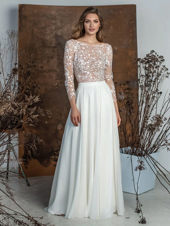 ツーピースウェディングドレス シフォン レース ジュエルネック ツーピース フロアレングス ジッパー ロングスリーブ フロアレングス アイボリー