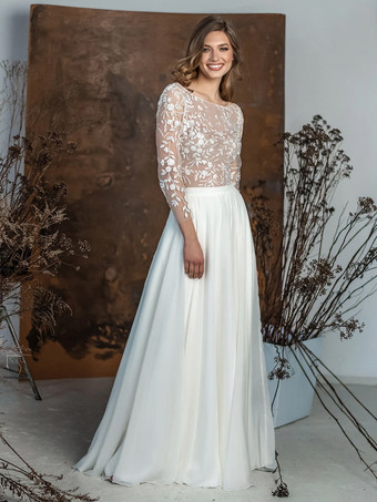 ツーピースウェディングドレス シフォン レース ジュエルネック ツーピース フロアレングス ジッパー ロングスリーブ フロアレングス アイボリー