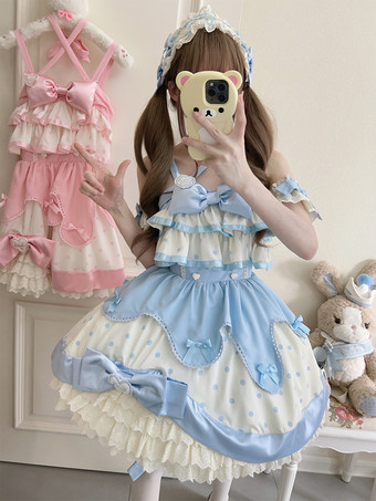 ライトスカイブルースイートロリータドレス ポリエステル ノースリーブ スイートロリータドレス