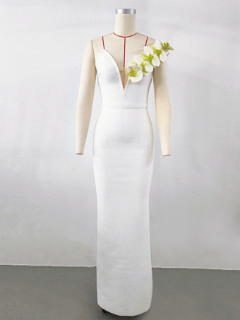 ホワイトカクテルドレス付き モダン ボールガウン フロアレングス Vネック 花柄 ポリエステル