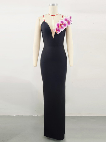 ブラックカクテルドレス付き モダン ボールガウン フロアレングス Vネック 花柄 ポリエステル