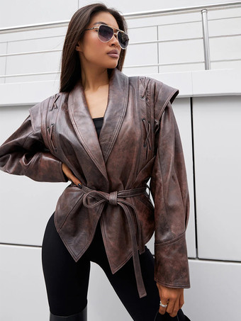 ブラウンレディースジャケット ターンダウンカラー レースアップ シック デイリーカジュアル ブラウンジャケット レディース