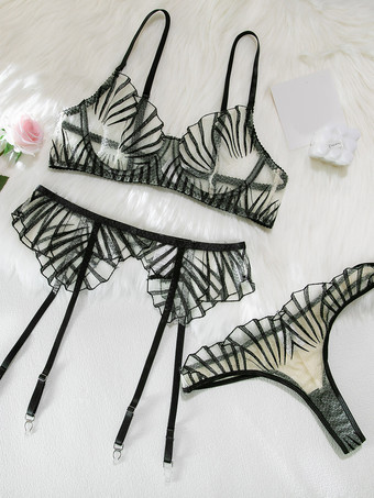 Conjunto de sujetador y braguita de 3 piezas de lencería sexy en color negro