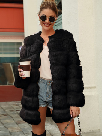 ブラック フェイクファーコート 長袖 シックな黒 冬用コート