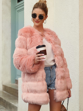 ピンクフェイクファーコート 長袖 シックな黒 冬用コート