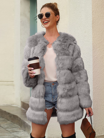 ライトグレーフェイクファーコート 長袖 シックな黒 冬用コート