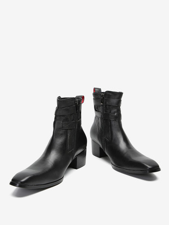 メンズ チェルシーブーツ ブラック 牛革 ポインテッドトゥ バックル プロム アンクル ショートブーツ