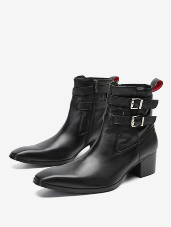 メンズ チェルシーブーツ ブラック 牛革 ポインテッドトゥ バックル プロム アンクル ショートブーツ