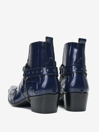 メンズ チェルシー 牛革 ポインテッドトゥ メンタルストラップ チェーン装飾 ショート カウボーイブーツ