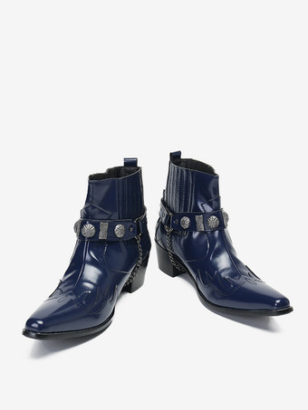 メンズ チェルシー 牛革 ポインテッドトゥ メンタルストラップ チェーン装飾 ショート カウボーイブーツ