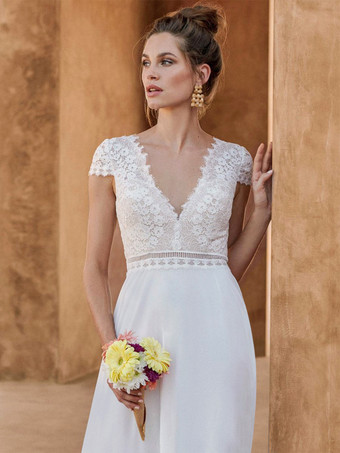 ブライダルジャンプスーツ シフォン レース フロアレングス ジャンプスーツ Vネック 半袖 ナチュラルウエスト ホワイト