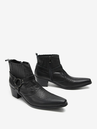 メンズ チェルシーブーツ ブラック 牛革 ポインテッドトゥ ストラップ アンクル ショートブーツ