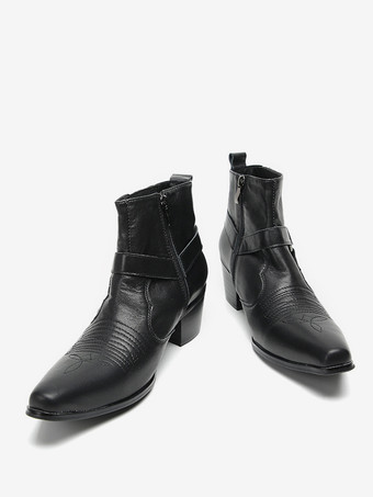 メンズ チェルシーブーツ ブラック 牛革 ポインテッドトゥ ストラップ アンクル ショートブーツ