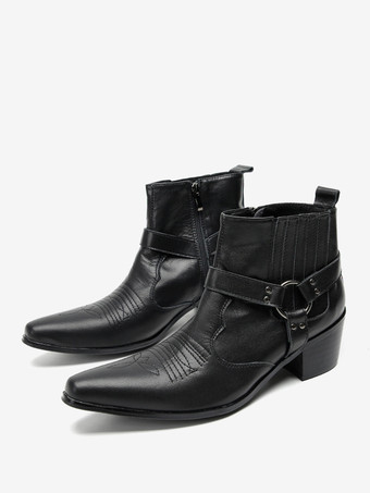 メンズ チェルシーブーツ ブラック 牛革 ポインテッドトゥ ストラップ アンクル ショートブーツ