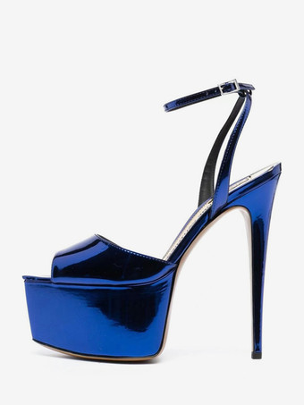 ブルー ハイヒールセクシーサンダル シルバー PUレザー ポインテッドトゥ バックル セクシーシューズ