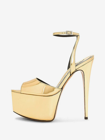 ゴールド ハイヒールセクシーサンダル シルバー PUレザー ポインテッドトゥ バックル セクシーシューズ