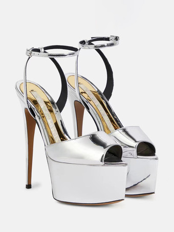 ハイヒールセクシーサンダル シルバー PUレザー ポインテッドトゥ バックル セクシーシューズ