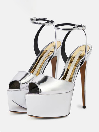 ハイヒールセクシーサンダル シルバー PUレザー ポインテッドトゥ バックル セクシーシューズ