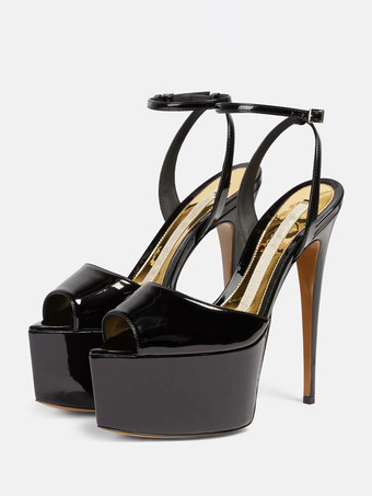 ブラック ハイヒールセクシーサンダル シルバー PUレザー ポインテッドトゥ バックル セクシーシューズ