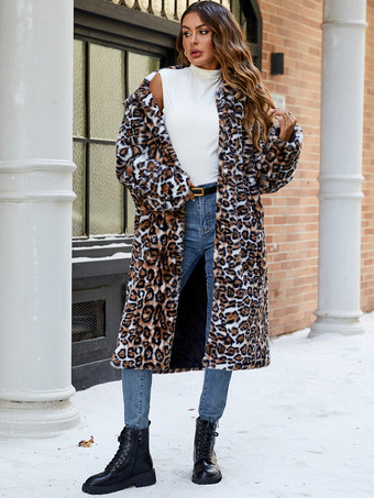 フェイクファーコート ヒョウ柄 ターンダウンカラー 冬 ロングジャケット レディース 2025