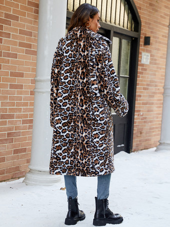 フェイクファーコート ヒョウ柄 ターンダウンカラー 冬 ロングジャケット レディース 2025