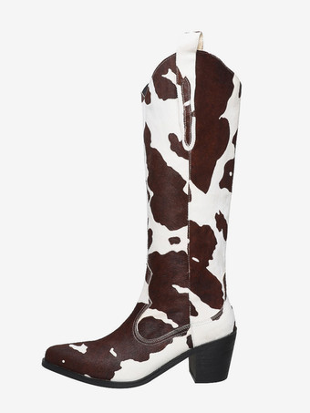 ブラウン ミッドカーフブーツ レディース ホースヘア ポインテッドトゥ パピーヒールブーツ