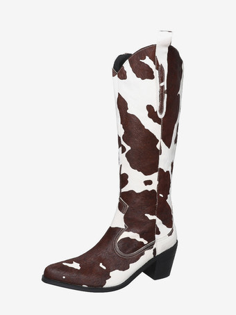 ミッドカーフブーツ レディース ホースヘア ポインテッドトゥ パピーヒールブーツ