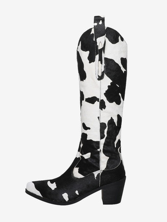 ブラック ミッドカーフブーツ レディース ホースヘア ポインテッドトゥ パピーヒールブーツ