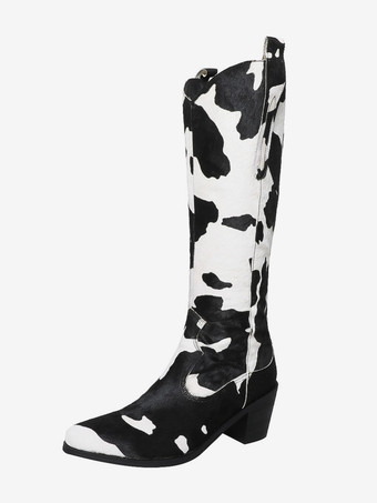 ミッドカーフブーツ レディース ホースヘア ポインテッドトゥ パピーヒールブーツ