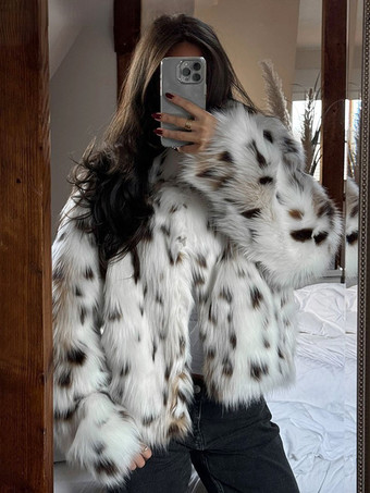 アイボリー フェイクファーコート エクリュ ホワイト ウエスト上げ 長袖 アニマルプリント 冬用コート