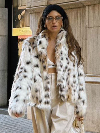 フェイクファーコート エクリュ ホワイト ウエスト上げ 長袖 アニマルプリント 冬用コート