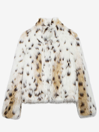 フェイクファーコート エクリュ ホワイト ウエスト上げ 長袖 アニマルプリント 冬用コート