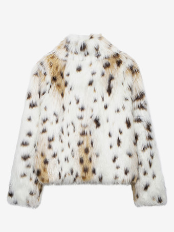 フェイクファーコート エクリュ ホワイト ウエスト上げ 長袖 アニマルプリント 冬用コート