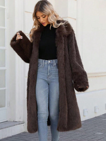 フェイクファーコート 長袖 シックなターンダウンカラー チョコレート 冬コート