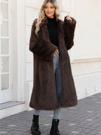 チョコレートフェイクファーコート 長袖 シックなターンダウンカラー チョコレート 冬コート