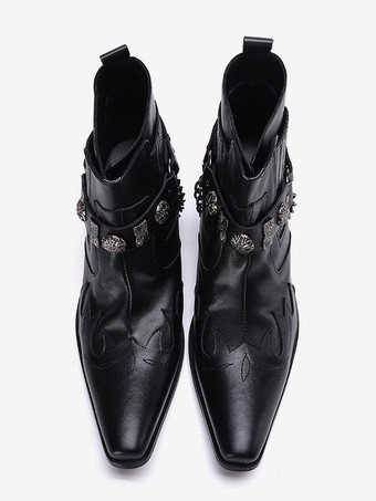 メンズ トゥスプリングブーツ ブラック ポインテッドトゥ ミッドヒール チェーン装飾 アンクルブーツ