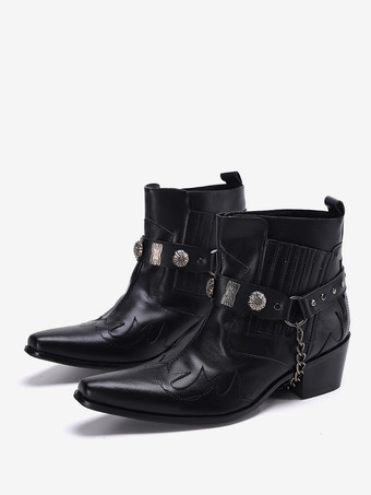 メンズ トゥスプリングブーツ ブラック ポインテッドトゥ ミッドヒール チェーン装飾 アンクルブーツ