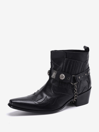 メンズ トゥスプリングブーツ ブラック ポインテッドトゥ ミッドヒール チェーン装飾 アンクルブーツ