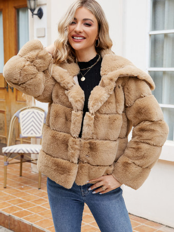 ライトブラウンフェイクファーコート ブラック ウエストラインなし 長袖 レディースコート