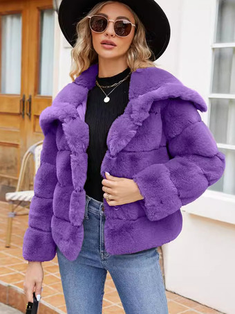 パープル フェイクファーコート ブラック ウエストラインなし 長袖 レディースコート