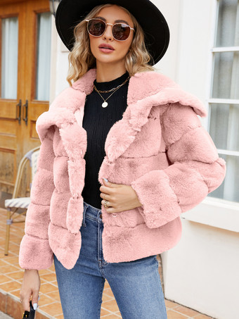 ピンクフェイクファーコート ブラック ウエストラインなし 長袖 レディースコート