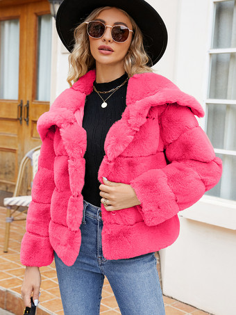 ローズレッドフェイクファーコート ブラック ウエストラインなし 長袖 レディースコート