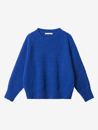 レディース プルオーバー ブルー ジュエルネック 長袖 オーバーサイズ ポリエステル セーター
