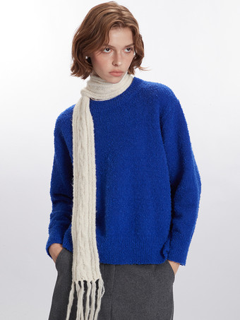 レディース プルオーバー ブルー ジュエルネック 長袖 オーバーサイズ ポリエステル セーター