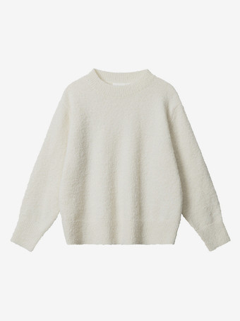 ホワイト レディース プルオーバー ブルー ジュエルネック 長袖 オーバーサイズ ポリエステル セーター