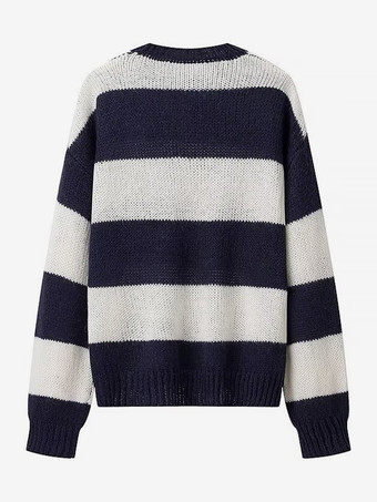 レディース プルオーバー セーター ホワイト ツートン ジュエルネック 長袖 オーバーサイズ ポリエステル セーター