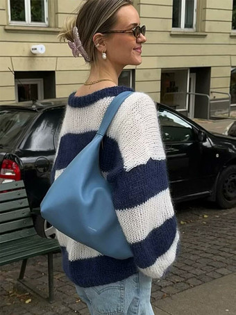 レディース プルオーバー セーター ホワイト ツートン ジュエルネック 長袖 オーバーサイズ ポリエステル セーター