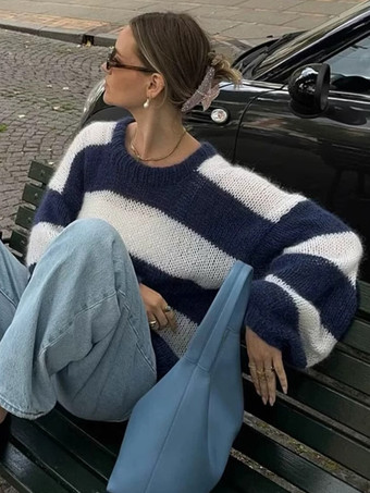 レディース プルオーバー セーター ホワイト ツートン ジュエルネック 長袖 オーバーサイズ ポリエステル セーター