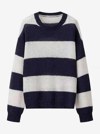 レディース プルオーバー セーター ホワイト ツートン ジュエルネック 長袖 オーバーサイズ ポリエステル セーター